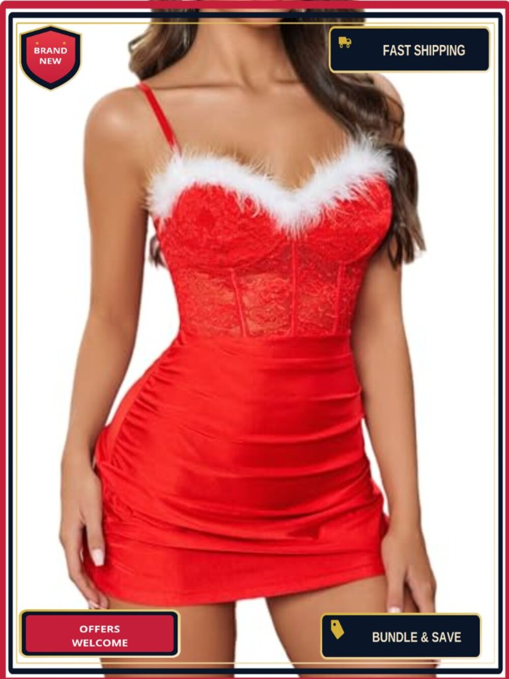 Avidlove Santa Babydoll Chemise Lace Christmas Lingerie Adjustable Straps